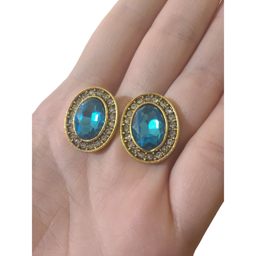 18k Gold Plated Blue Stud Earrings - Picture 3 of 4